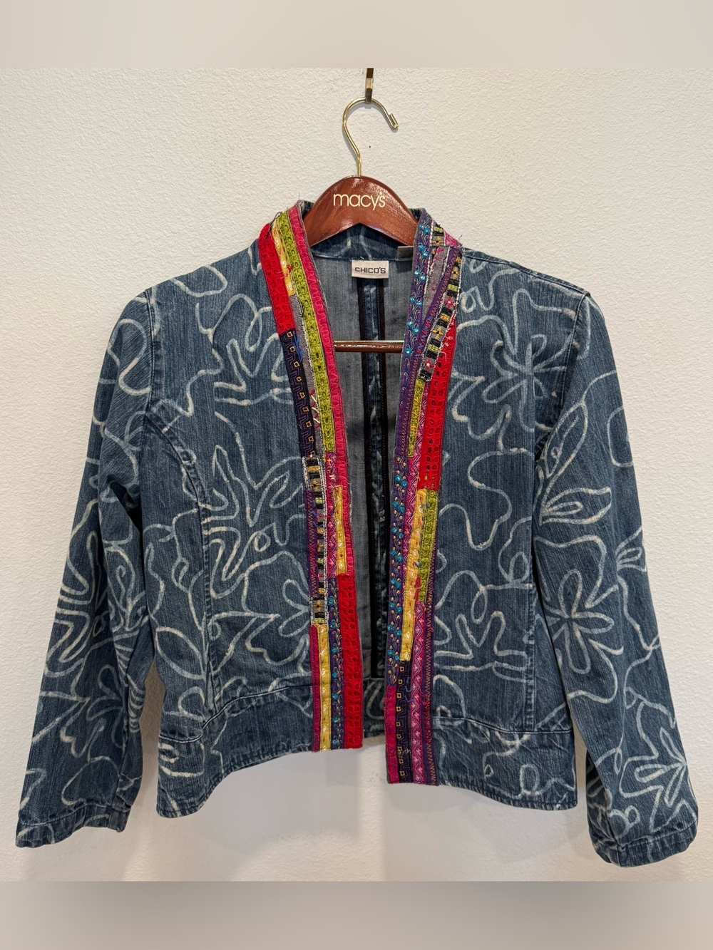 Coastal Grandmacore Floral Tapestry Jacket Embellished Art-to-Wear Cotton Size L